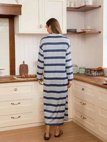 SHEIN Doze Lane Women's Loose Long Striped Lapel Long Sleeve Nightgown, Can Be Worn Outerwear Women Pajama Dress Women's Lounge Wear Sets Women's Nightdress Loungewear Dress - Multicolor - View 2