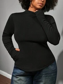 Enliva Plus Size Women's Black Thermal Lined Long Sleeve T-Shirt,Zipper Pockets Stretchy Fitted Tee,Autumn Casual Everyday For Apple Rounded - Black - View 4