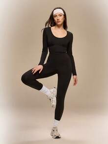 Hanevo Tuta casual da donna a maniche lunghe, elastica, sportiva e sexy, con taglio sulla schiena, adatta per autunno, inverno, primavera ed estate - nero - Visualizzare 4