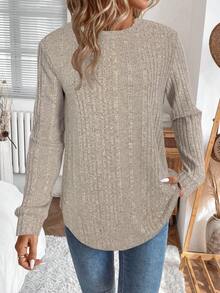 EMERY ROSE Casual Women's Asymmetrical Hem Crew Neck Brushed Fleece Sweatshirt, Autumn/Winter,Casual - Apricot - View 7