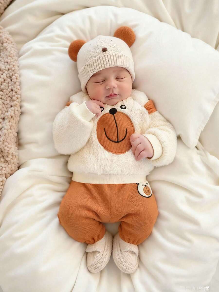 2pcs Newborn Baby Autumn/Winter Outfit, Cute Plush Bear Design Baby Clothes Set - Apricot - View 1