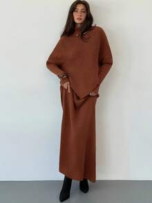 Aloruh 紫色针织两件套 新款冬季加厚女式毛衣裙宽松两件套 - 鏽棕色 - 查看 6