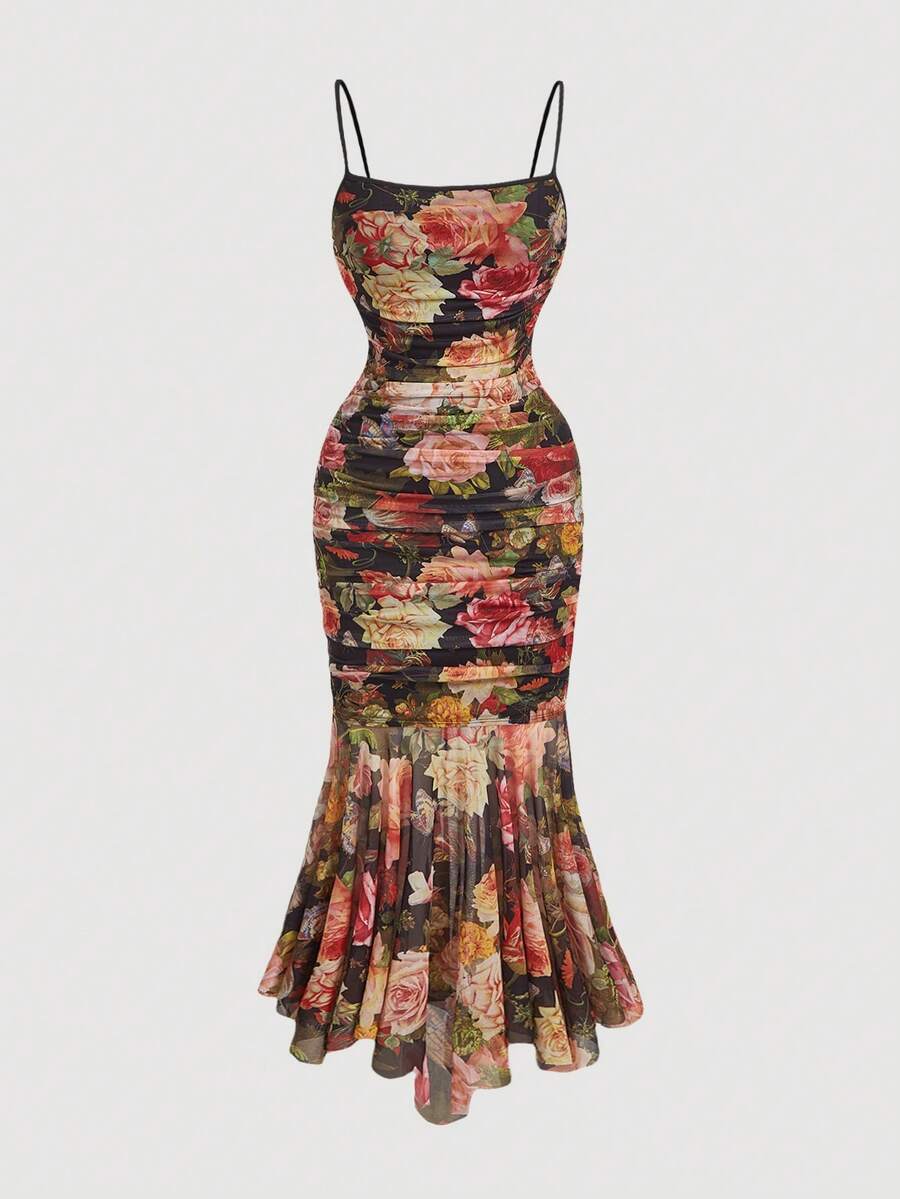 SHEIN MOD Black Floral Print Ruffle Hem Dress, Vintage Style For Party, Date,Hollowed Costumes,Princess Women Costume,Greek Goddess Costume,Masquerade Ball Dress,Floral Women Dress,Mermaid Dress,Fairy Costume Dress