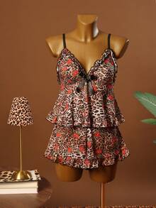 2件套/情人节网纱豹纹荷叶边露脐上衣+豹纹荷叶边平角内裤 - 彩色 - 查看 3