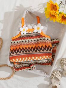 SHEIN 女婴休闲无袖针织撞色弹力连体衣，适合日常穿着和度假 - 彩色 - 查看 3