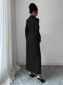 Elenzga Váy blazer cổ chữ V thiết kế bất đối xứng, thắt eo, viền xòe, hở phía trước, màu cà phê, phong cách thanh lịch kiểu Pháp, váy dài tay đa năng có ghim cài kim loại, thích hợp để đi làm - màu đen - Xem 2