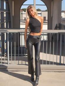 Sydney Algeri Low Rise Flared Pu Leather Trousers - Black - View 1