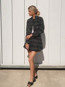 Sydney Algeri 女士优雅格子双排扣短款夹克和百褶裙两件套，适合春秋季 Y2K 服装