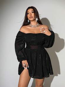 Viva Relle 大码性感方领长袖时尚休闲连衣裙，圣诞红色派对 - 黑色 - 查看 6