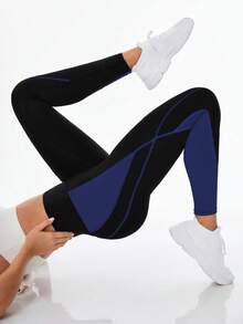 Exploreva Quần legging cạp cao liền mạch họa tiết chắp vá màu tương phản - Nhiều màu - Xem 5