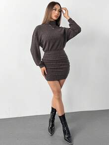 SHEIN PETITE 高領落肩抓皺緊身洋裝，女款休閒洋裝，適合嬌小女性 - 棕色 - 查看 6