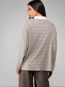 MISSGUIDED 女士宽松长袖条纹 Polo 衫，翻领罗纹领口，秋冬休闲衬衫/上衣 - 彩色 - 查看 2