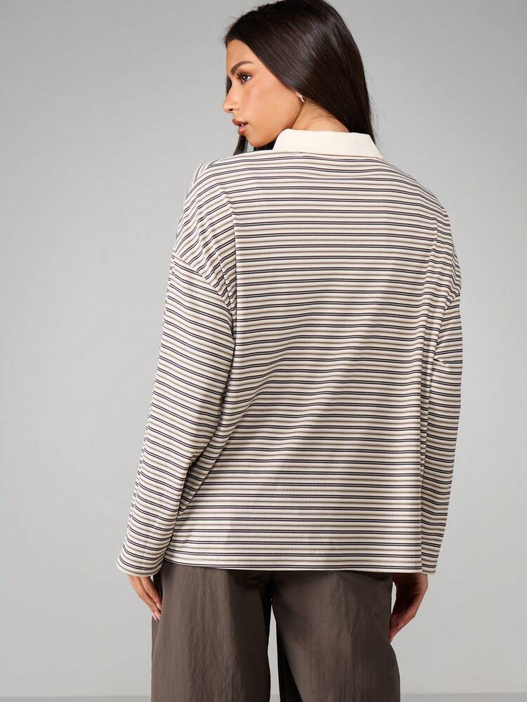 MISSGUIDED Women Oversized Long Sleeve Striped Polo Top With Collared Neckline Ribbed Fall Winter Casual Shirt Blouse