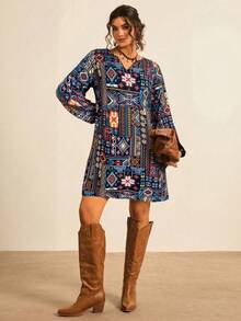 Freevana 大码女式碎花V领灯笼袖宽松休闲连衣裙 - 水鴨藍 - 查看 5