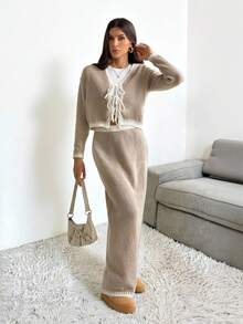 SHEIN Tall 2件套多色蝴蝶结休闲基本款针织套装，秋冬 - 卡其色 - 查看 1