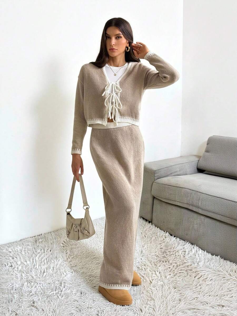 SHEIN Tall 2件套多色蝴蝶结休闲基本款针织套装，秋冬 - 卡其色 - 查看 1