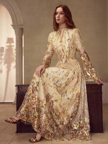 MOTF PREMIUM WOMEN'S LONG SLEEVE FITTED CHIFFON KNOT DRESS - Apricot - View 1