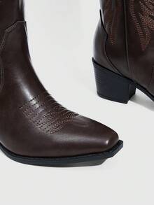 Daringsoles 方头低跟西部刺绣套穿式冬季保暖性感派对女士中筒靴，棕色PU皮革 - 咖啡棕 - 查看 3