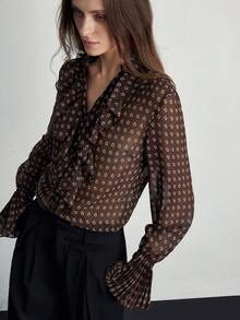 Aveloria Modichic Elegant Oversized Paisley & Cashew Flower Print Chiffon Layered Ruffle Collar Front Button Blouse, Vintage Style For Women - Multicolor - View 5