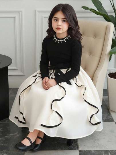 Young Girl Elegant & Cute Velvet Patchwork Beaded Ruffle Trim Long Sleeve Dress Party Dress For Young Girls In Autumn And Winter Cute And Elegant Ruffle Dress Young Kids Black And White Kids Dress Long Sleeves Kids Dress