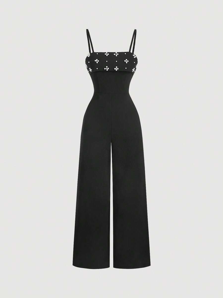 SHEIN MOD Women's Elegant Black Luxury Pearl Slim Fit Wide Leg Jumpsuit,Fall/Winter Women Jumpsuit,Going Out,Work Outfits, ,Homecoming, ,Wedding,Concert Women Outfit - Black - View 1