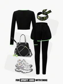 JNSQ 2pcs/Set Girl Autumn Fitted Crew Neck Long Sleeve T-Shirt Top And Skinny Sports Pants Outfit - Black - View 3