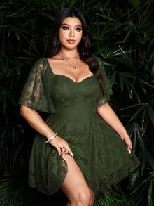 Sunspun فساتين كاجوال بألوان سادة وتفاصيل من الدانتيل للمرأة بمقاسات كبيرة - أخضر داكن - مشاهدة 8