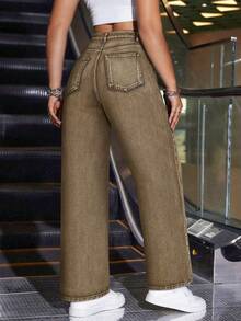 SHEIN ICON Quần jean ống rộng đơn sắc, thường ngày, đa năng, có túi - màu nâu - Xem 2