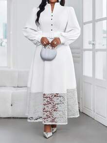 SHEIN Lady CURVE 大码优雅派对纯色蕾丝拼接灯笼袖连衣裙 - 白色 - 查看 6