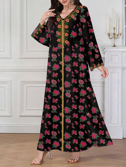 Al Najma 女士阿拉伯印花 V 领长袖长裙