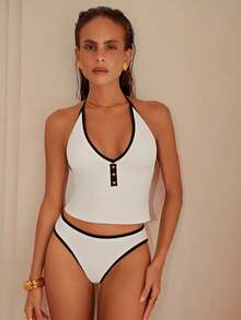 Swim Chiccia 女士夏季沙滩流苏吊带性感坦克背心套装 - 黑與白 - 查看 4