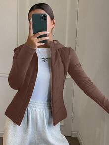 DAZY Abrigo acolchado ajustado con patchwork para mujer, otoño/invierno - Café integral - Ver 2