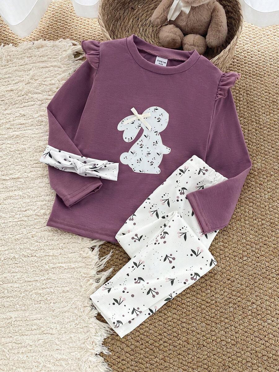 2件套幼儿女童可爱花卉印花长袖上衣和裤子休闲优雅睡衣