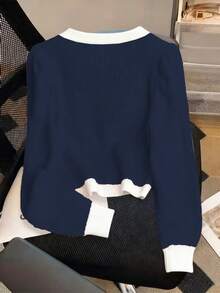 Franclia European & American Style Blogger Same Elegant Metal Buckle Contrast Color Square Collar Fitted Puff Sleeve Pullover Sweater - Navy Blue - View 2