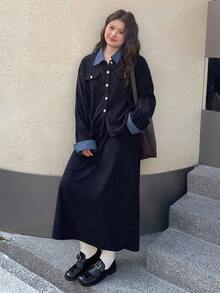 Dazy Plus 时尚休闲撞色拼接外套上衣和A字裙两件套，优雅大码女装春秋季