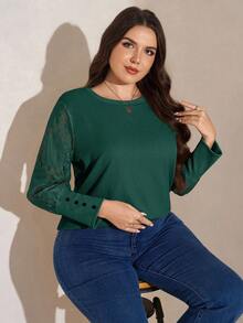 SHEIN LUNE 秋季女装加大码上衣，卡其色蕾丝提花袖拼接华夫格针织女式衬衫，灯笼袖上衣，宽松优雅，适合派对、商务休闲等场合。 - 墨綠色 - 查看 6