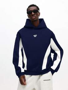 SUMWON 常规款套头连帽衫，侧边拼接撞色设计，抽绳连帽，休闲冬季街头风，简约时尚 - 藏蓝色 - 查看 5