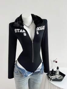Elamini Women's Raglan Sleeve Zip-Up Fitted Bodysuit With Fur Collar & Letter Graphic - Black - View 4