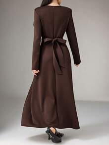 Heiryn 女士优雅通勤纯色蝴蝶结装饰连衣裙 - 卡其色 - 查看 2