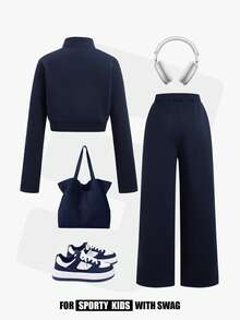 JNSQ 2pcs Tween Girls Casual Letter Print Hoodie & Oversized Sweatpants Set, Autumn/Winter - Blue - View 2