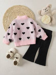 SHEIN 2 件套女婴可爱波尔卡圆点长袖毛衣和松紧腰裤套装，休闲秋冬 - 粉色 - 查看 2