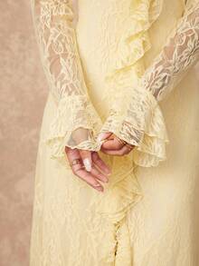 Lumalex VITNOS 女士 V 领浅黄色喇叭袖优雅蕾丝荷叶边连衣裙，春季穿搭，春秋季，情人节连衣裙，节日连衣裙，度假季特别装扮，优雅派对连衣裙，女士春季连衣裙，正式礼服，魅力优雅连衣裙，新款女装，奢华连衣裙，新年除夕连衣裙，舞会聚会派对宴会，低调奢华的节日派对狂欢节郊游度假热门户外层次丰富的婚礼季宴会圣诞节新年派对造型 - 鵝黃色 - 查看 5