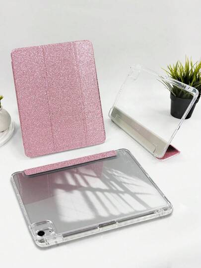 1pc Transparent Acrylic 3-Fold Glitter Rose Gold Flat Tablet Case With Pen Slot, High Transparency Acrylic Back Shell Anti-Bend Anti-Scratch, 3-Fold Adjustable Stand, Magnetic/Auto Sleep/Wake, Fashionable Shiny Luxury Compatible With IPad Mini6/Mini7/Air1/Air2/9.7/10.2/10.5/Air4/Air5/10.9/Pro11/10th Gen