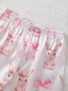 女婴粉色蝴蝶结兔子印花仿丝滚边撞色长袖开衫和裤子休闲家居服套装