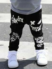 SHEIN New Vintage Baby Boys' Urban Street Cool White Graffiti Print Black Denim Jeans Fall Winter,Casual And Versatile For Fall/Winter Dailywear,Streetwear,For Christmas,New Year,Thanksgiving,Graduation,Stylish Baby Jeans,Winter - Black - View 5