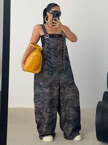 POPSWAY Plus Size Women Camo Strap Striped Contrast Color Pocket Casual Jumpsuit, Suitable For Street, Vacation, Date, Party