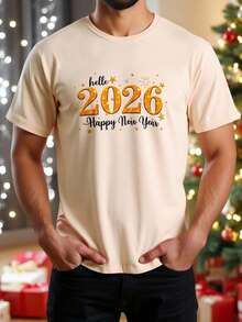 Manfinity NXTstreet 男士休闲字母数字印花圆领短袖T恤，新年款 - 卡其色 - 查看 2