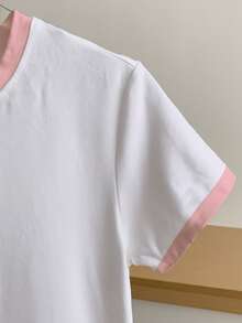 Resyla 女士撞色标语蝴蝶结印花短袖休闲圆领T恤 - 白色 - 查看 4