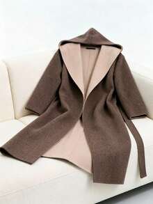 Aalyst 女士连帽系带宽松羊毛混纺长袍，优雅百搭，适合派对、万圣节、圣诞节、新年、感恩节、冬季等场合。 - 卡其色 - 查看 3