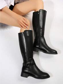Botas de mujer moda hebilla punta redonda sin cordones tacón bajo estilo ecuestre otoño invierno casual botas altas negras - Negro - Ver 5